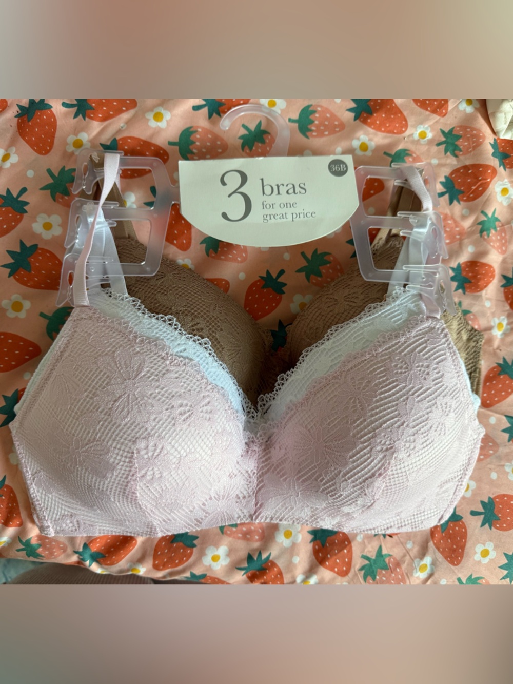 Women's Lace T-Shirt Bra Set - Pink & Beige